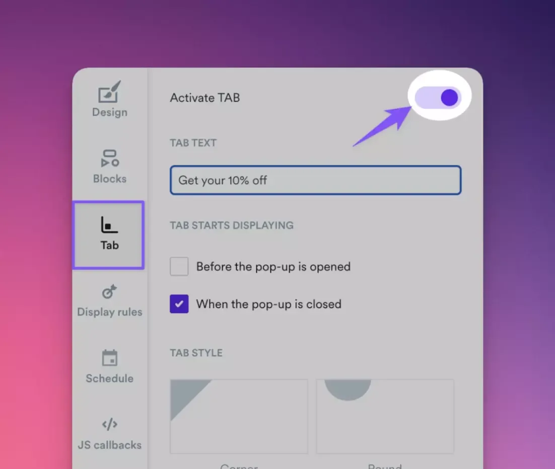 how to active popup tab in wesepops