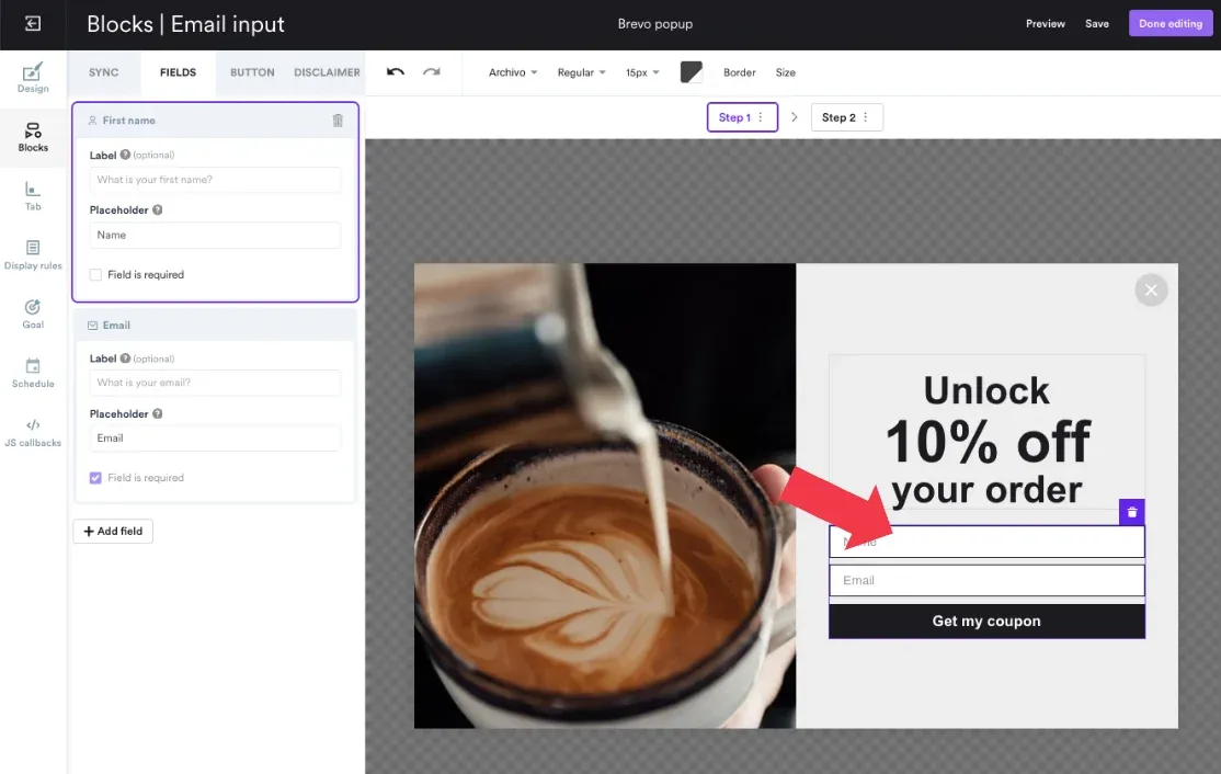 signup form brevo popup