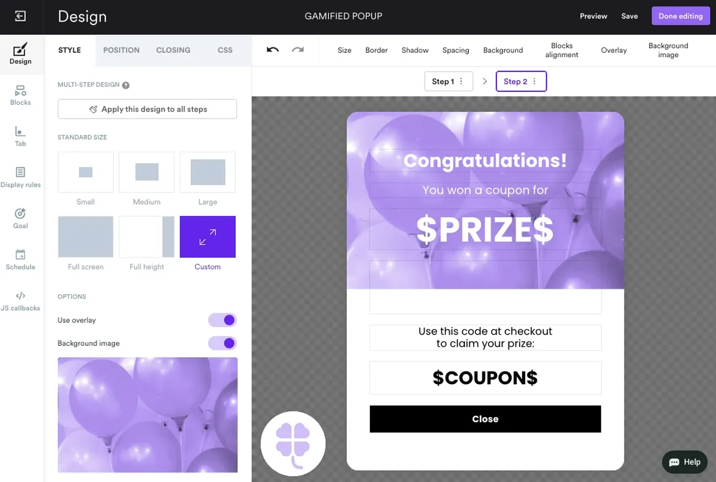 prize reveal step of a gamified popup