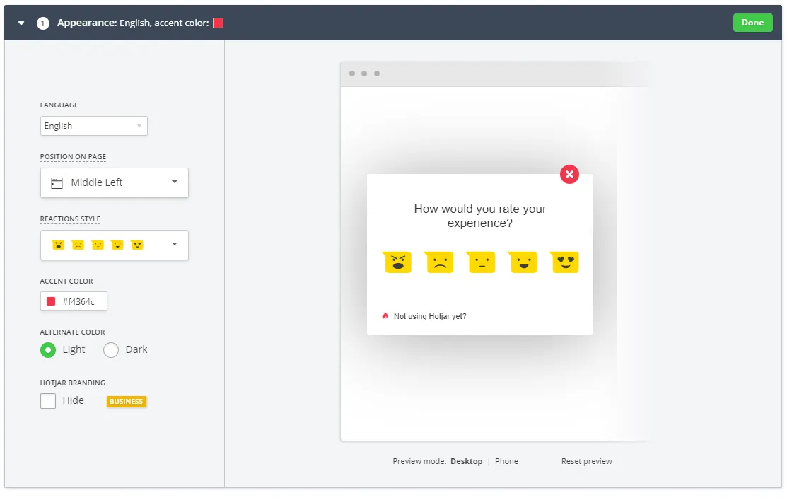 An example of Hotjar widget with feedback buttons