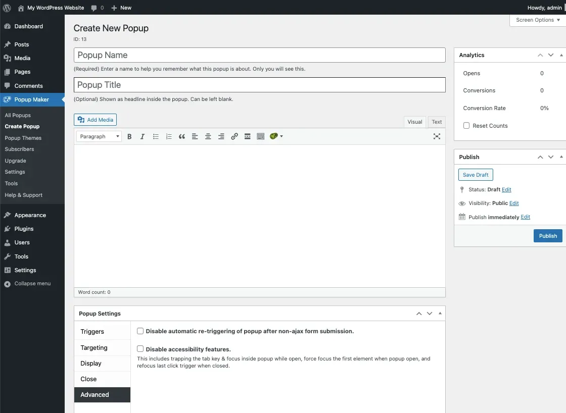 popup maker editor