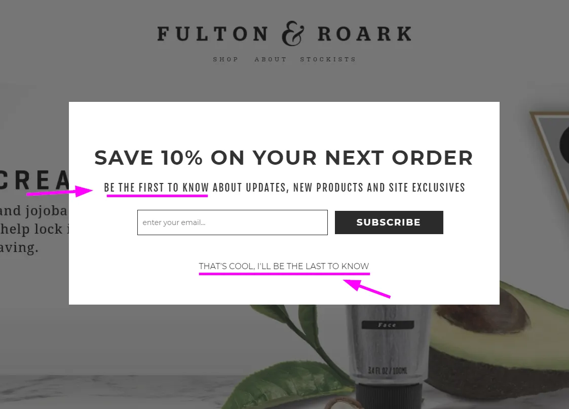 A pop-up on Fulton & Roark's website targeting first-time visitors