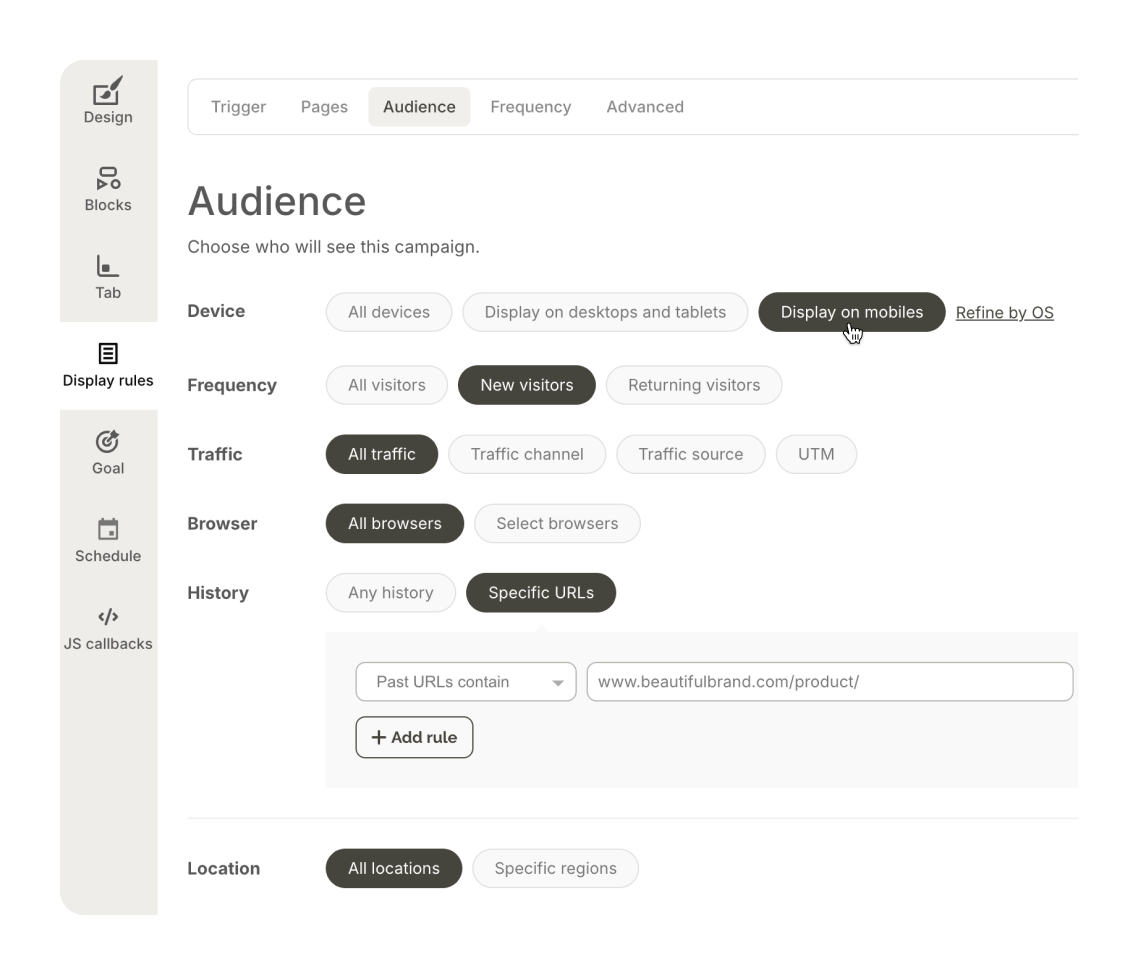 Audience setting dashboard showing options for device, frequency, traffic, browser, and history rules, with “Display on mobiles” highlighted.