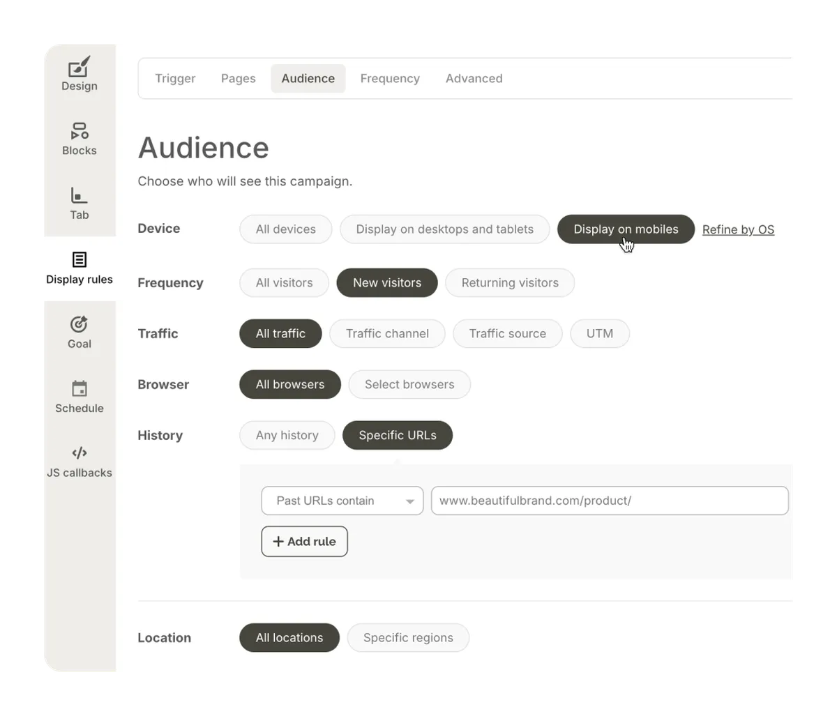 Campaign targeting rules in Wisepops