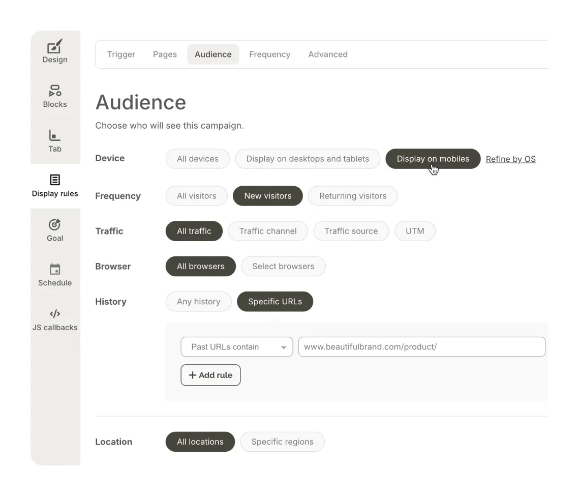 Audience setting dashboard showing options for device, frequency, traffic, browser, and history rules, with “Display on mobiles” highlighted.