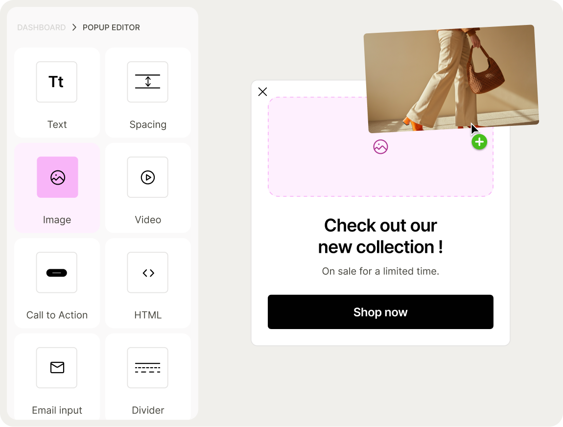 Popup editor interface with options like text, image, and video on the left, and a popup preview with a "Shop now" button on the right.