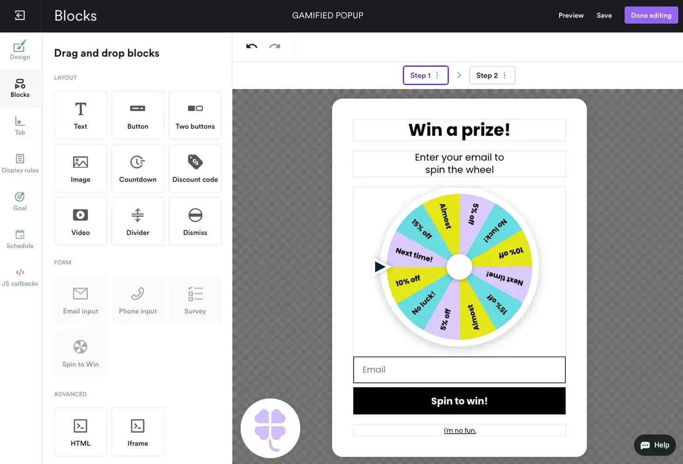 customizing a gamified popup design in Wisepops