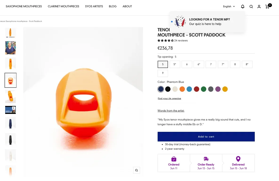 quiz promotion on a product page