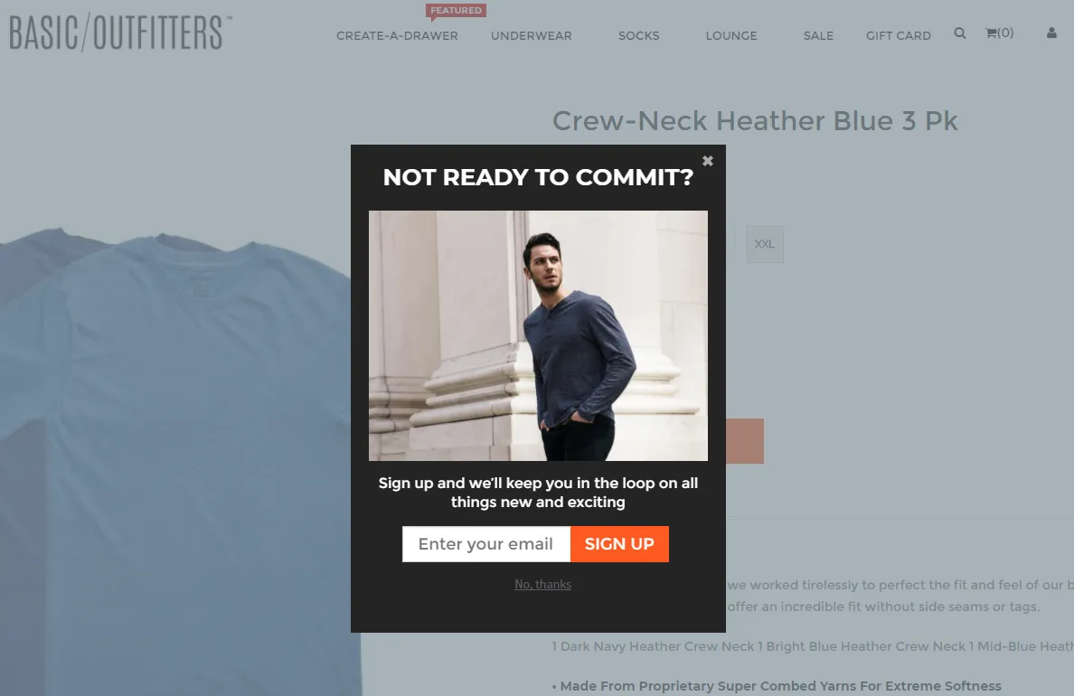 A popup on Basic Outfitters featuring a short copy