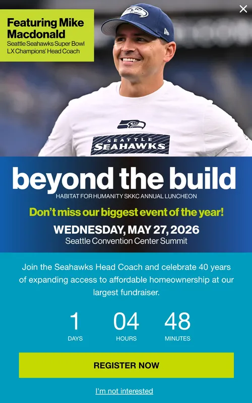 Habitat for Humanity SKKC Beyond the Build luncheon popup with live countdown timer and Register Now CTA