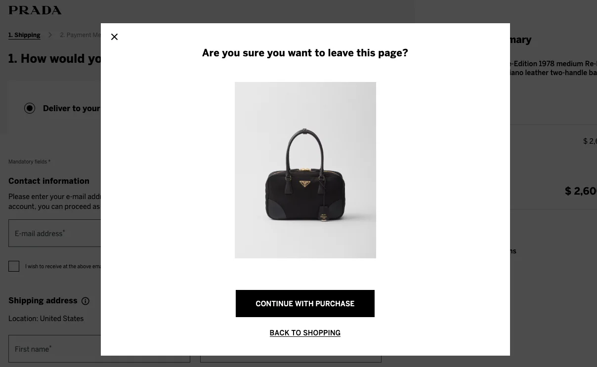 cart abandonment popup example