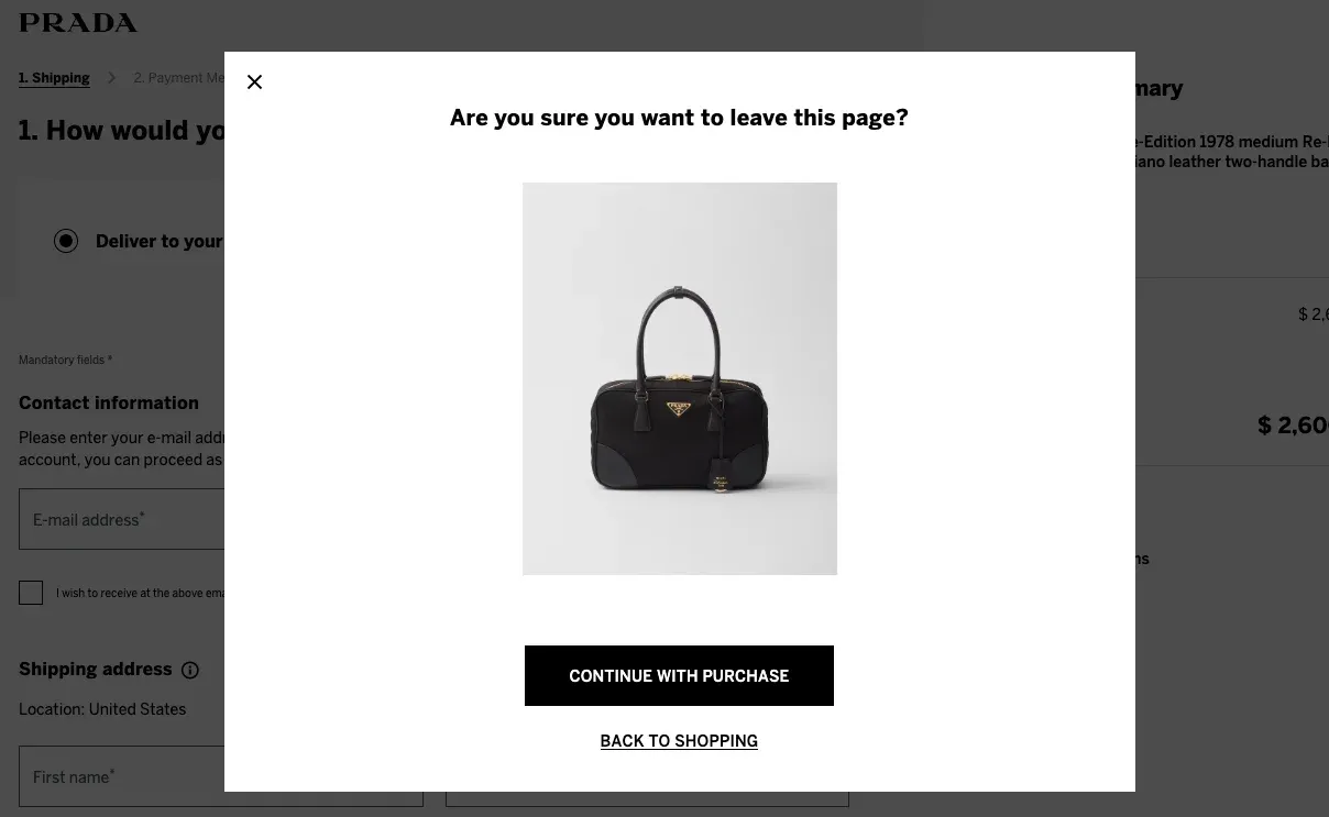 cart abandonment popup example
