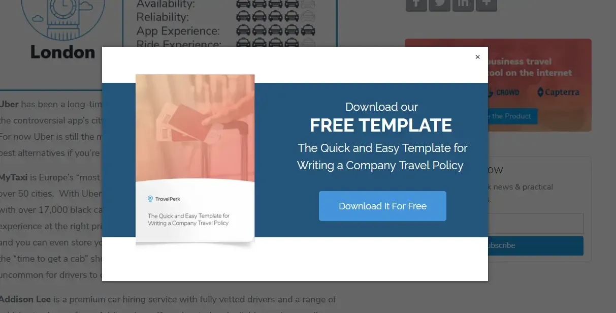 A lead magnet popup on Travel Perk's blog