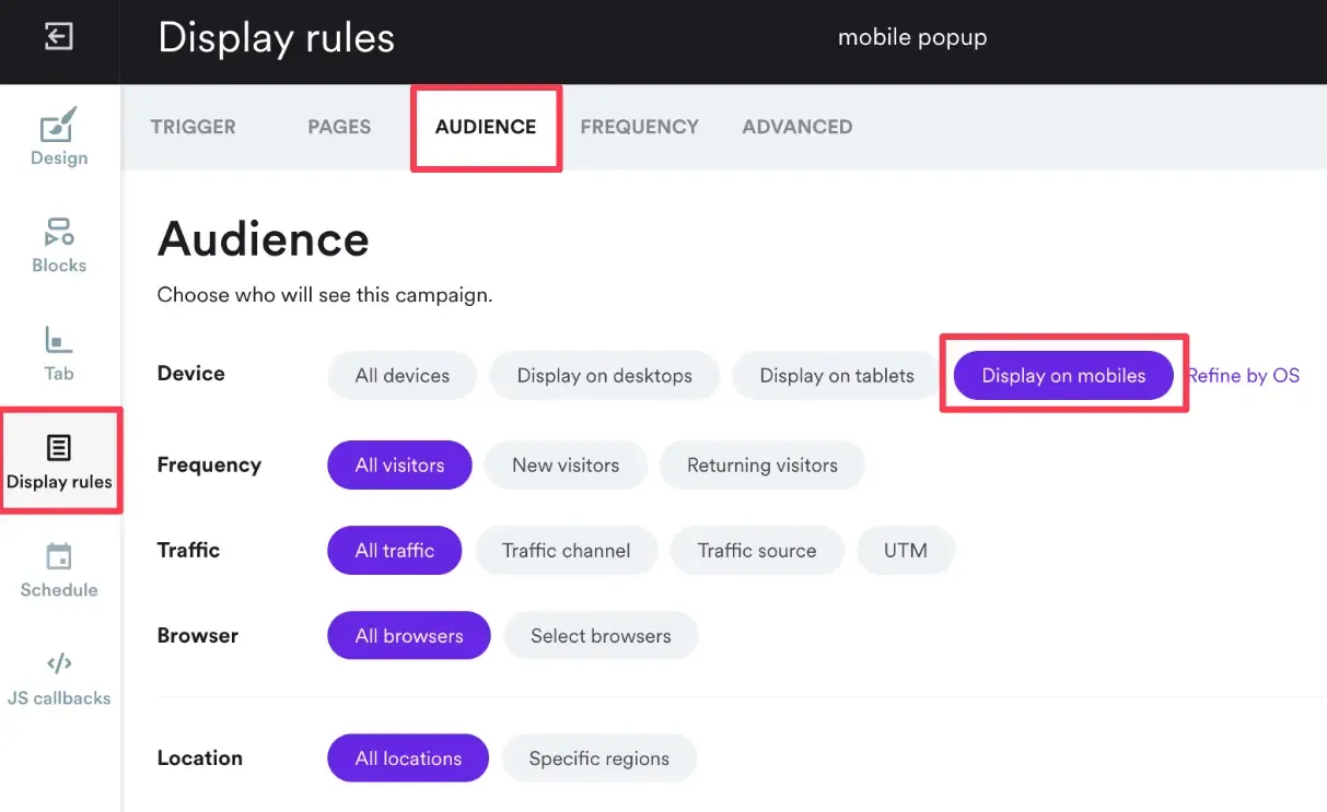 display on mobile popup settings