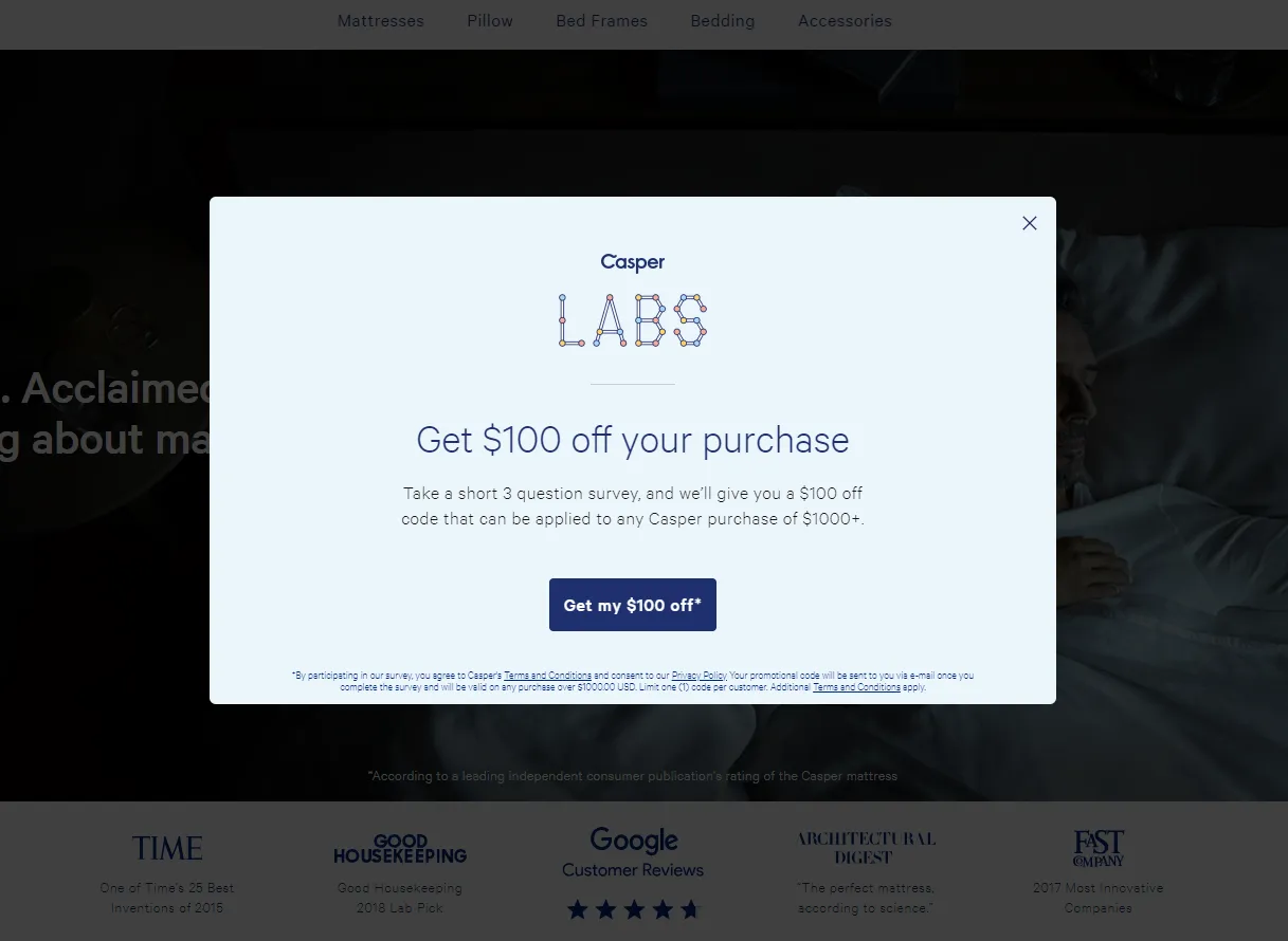 An exit survey offering $100 off to respondents