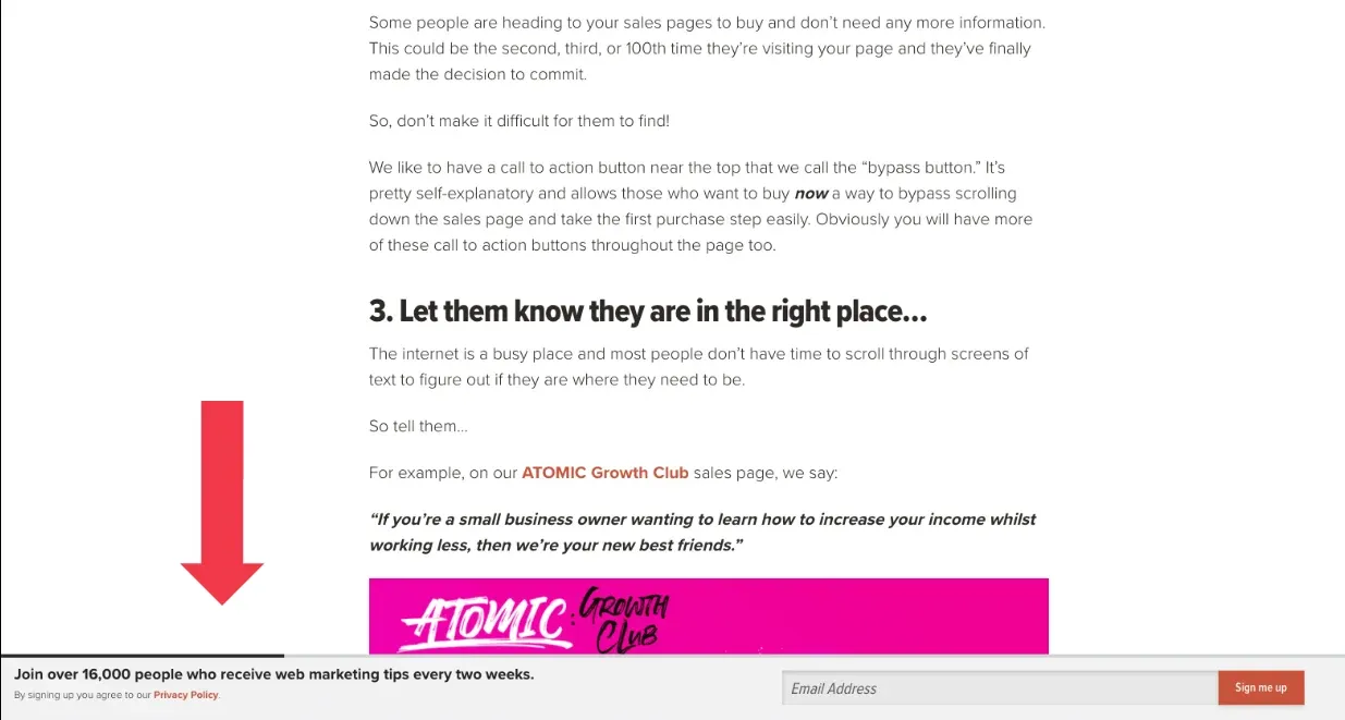 website bar for getting email subscribers