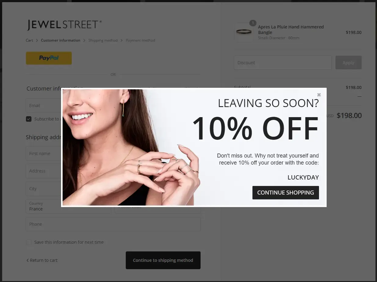A Cart Abandonment pop-up on JewelStreet