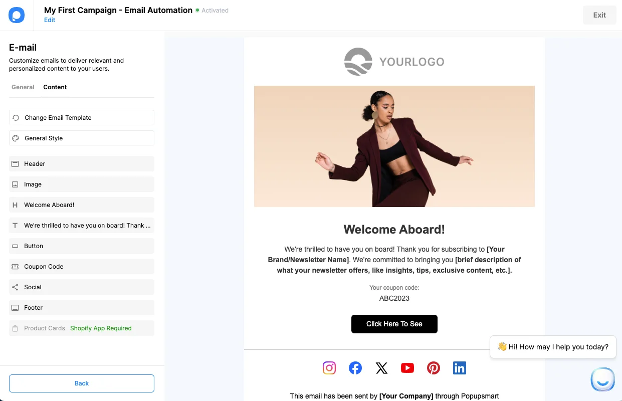 creating an email in popupsmart