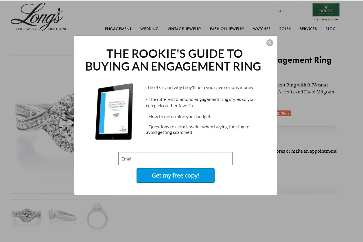 A lead magnet pop-up on Long’s Jewelers, a Shopify store
