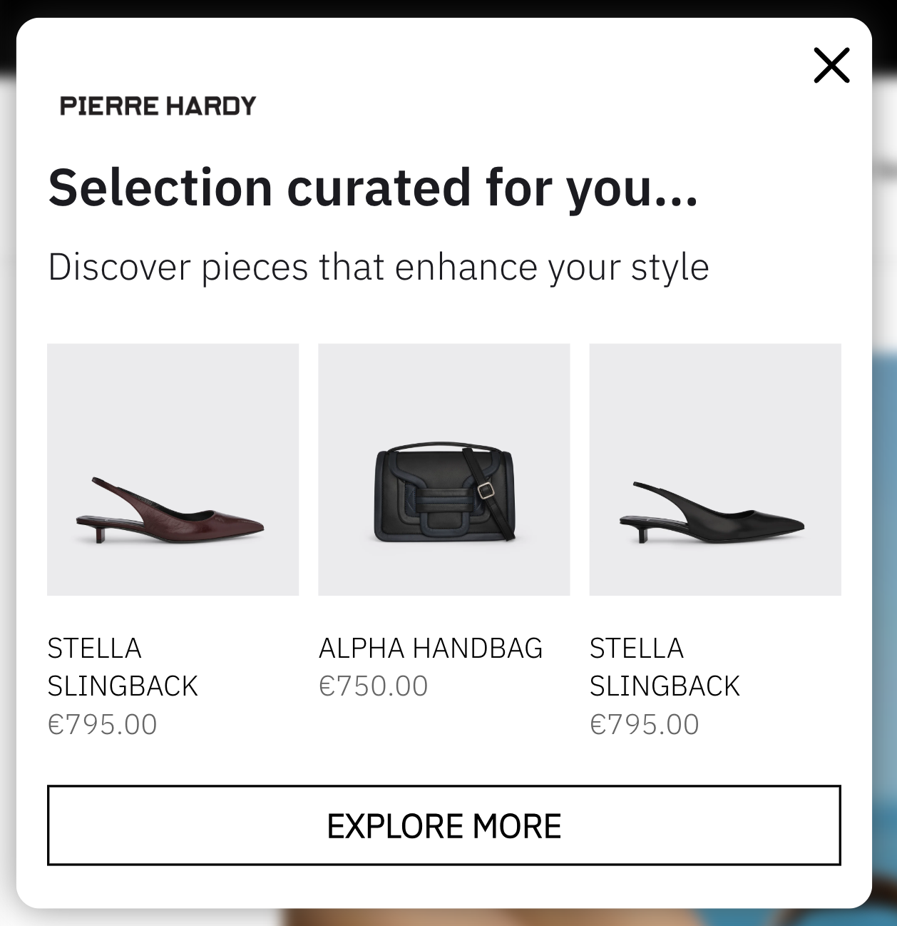 example of ai product recommendation on pierre hardy opened