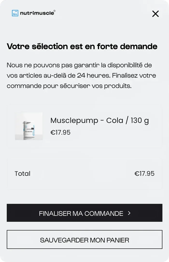 Nutrimuscle AI cart recovery popup shown to a shopper about to leave a full cart