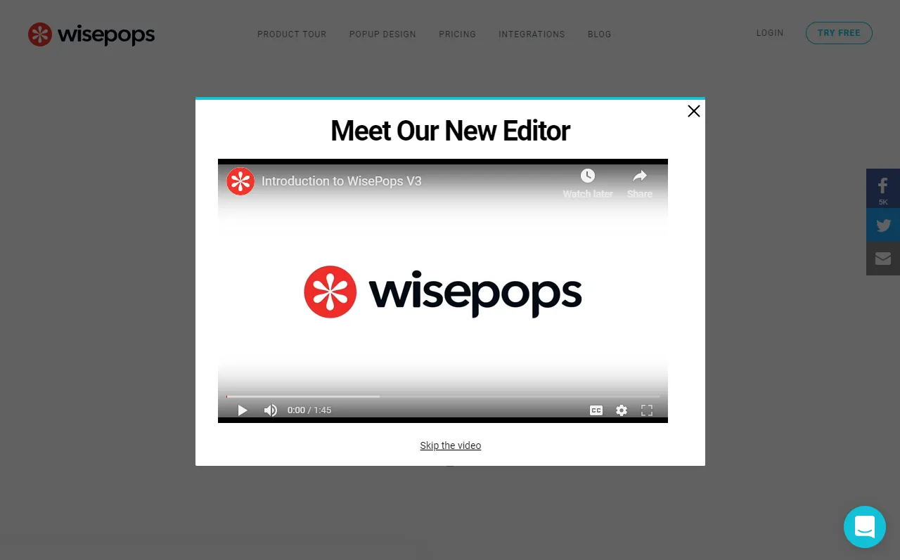 A video popup viewed on a 1280 x 800 pixels screen