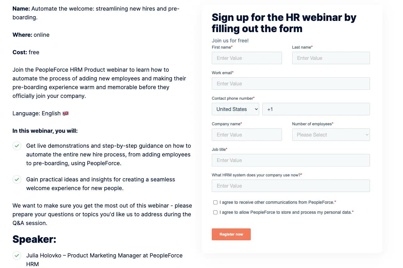 signup form for capturing leads