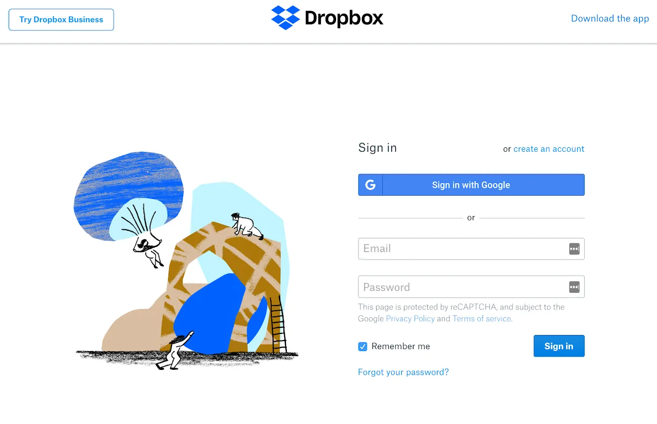 A signup form on Dropbox.com offering visitors the option to sign up using their gmail account