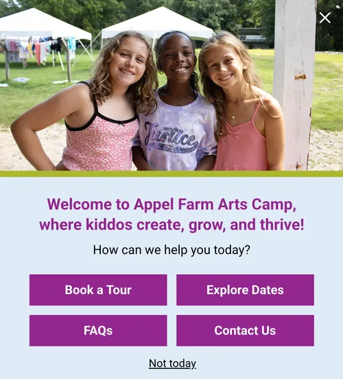 Appel Farm Arts Camp welcome popup with four navigation options: Book a Tour, Explore Dates, FAQs, Contact Us