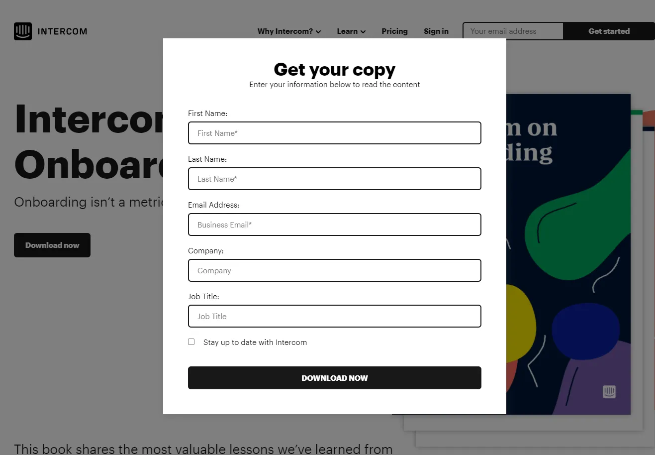 An example of simple lead generation form on Intercom.com