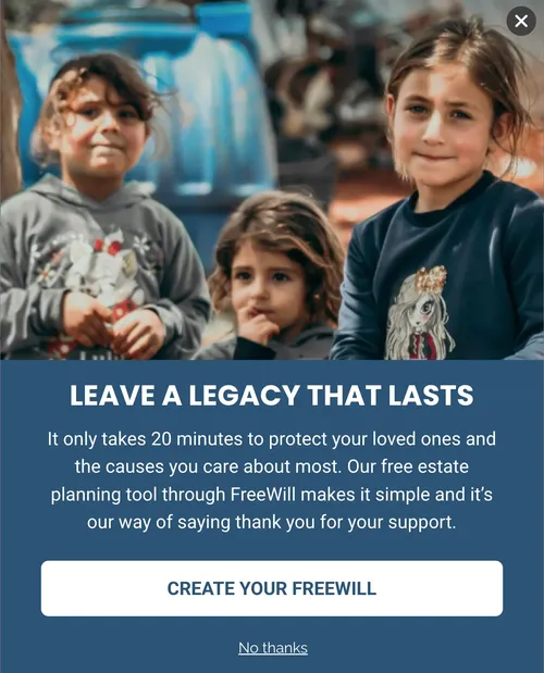 International Relief Teams legacy giving popup — Leave a Legacy That Lasts, with FreeWill estate planning integration