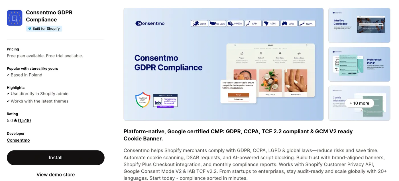 Consentmo on the Shopify App Store