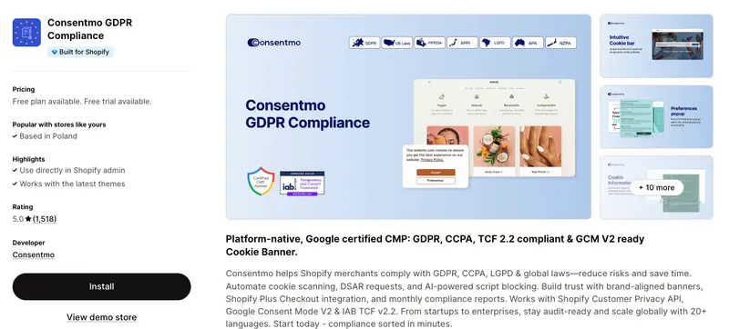 Consentmo on the Shopify App Store