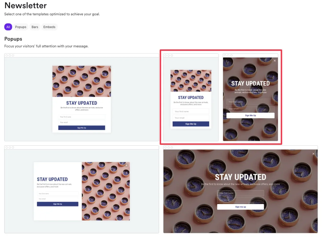 mobile templates popups wisepops
