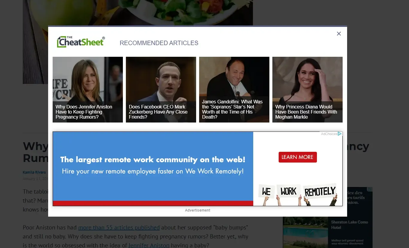 An exit overlay on Cheatsheet.com recommanding other articles to read