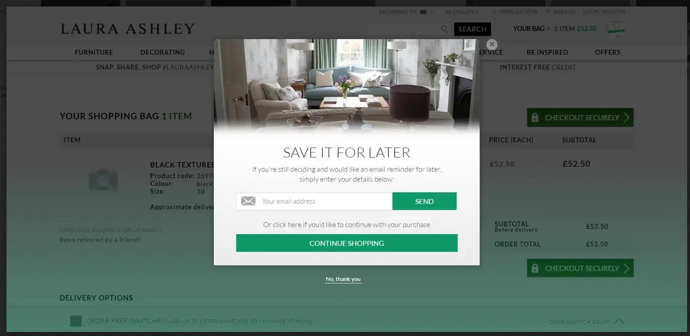 Laura Ashley's cart abandonment pop up