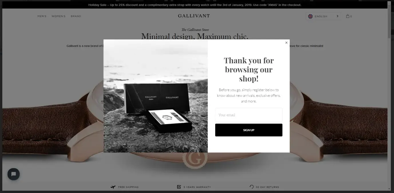 an exit popup on Gallivant watches' website