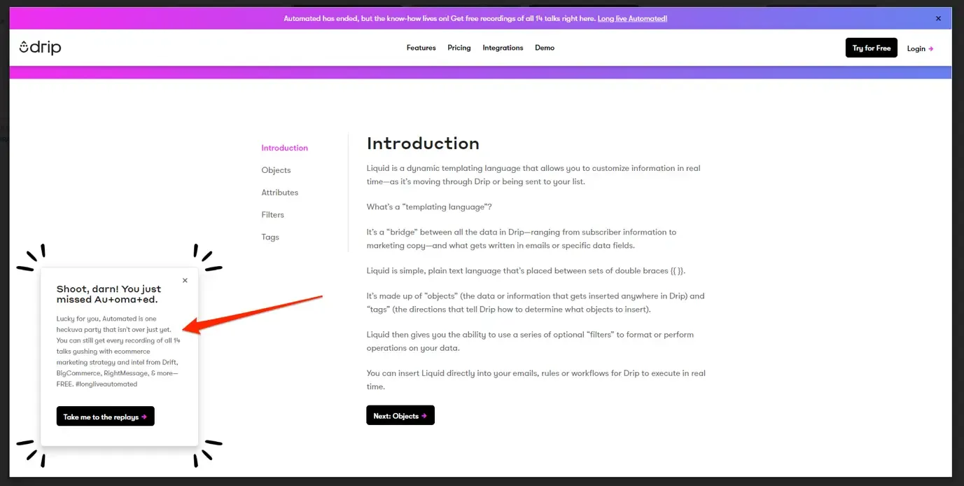 A content promotion popup on Drip's blog