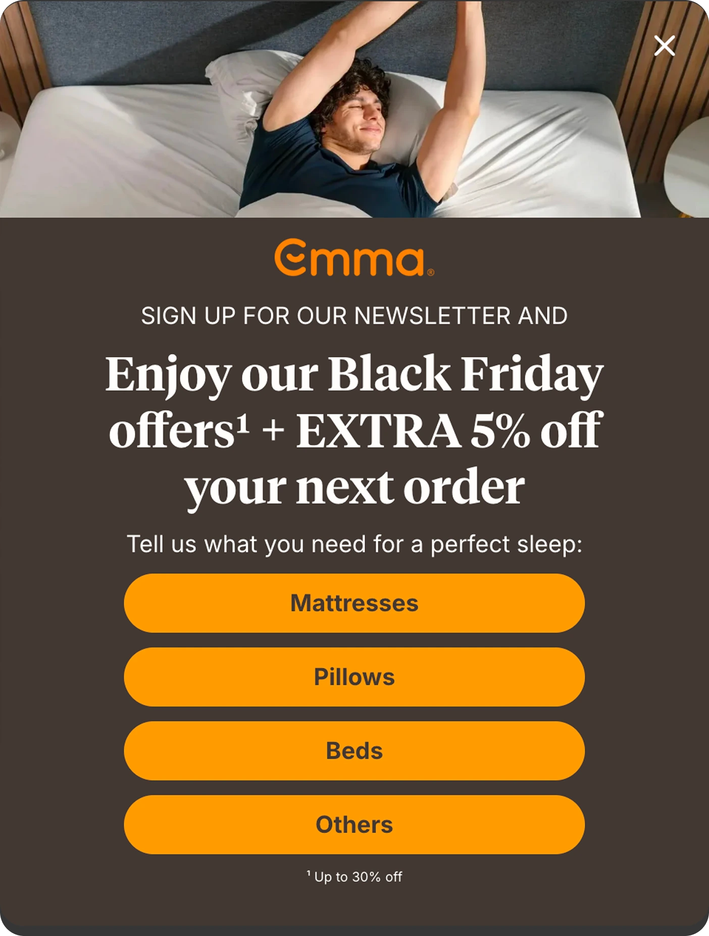 emma sleep black friday multi-step signup popup