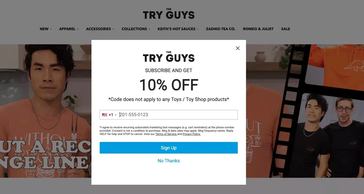 SMS signup popup