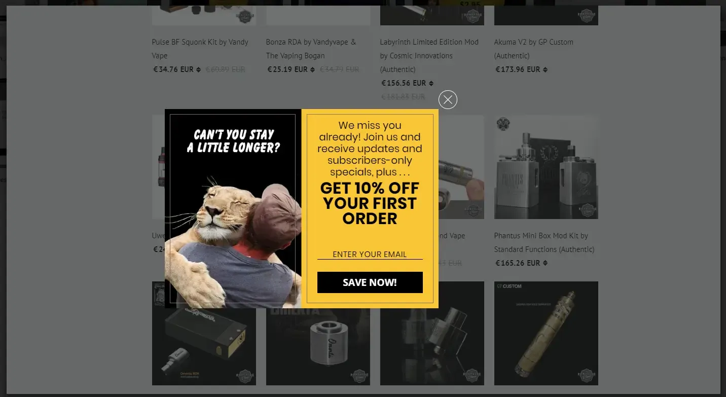 Roadside Vapes's exit popup featuring a first order coupon