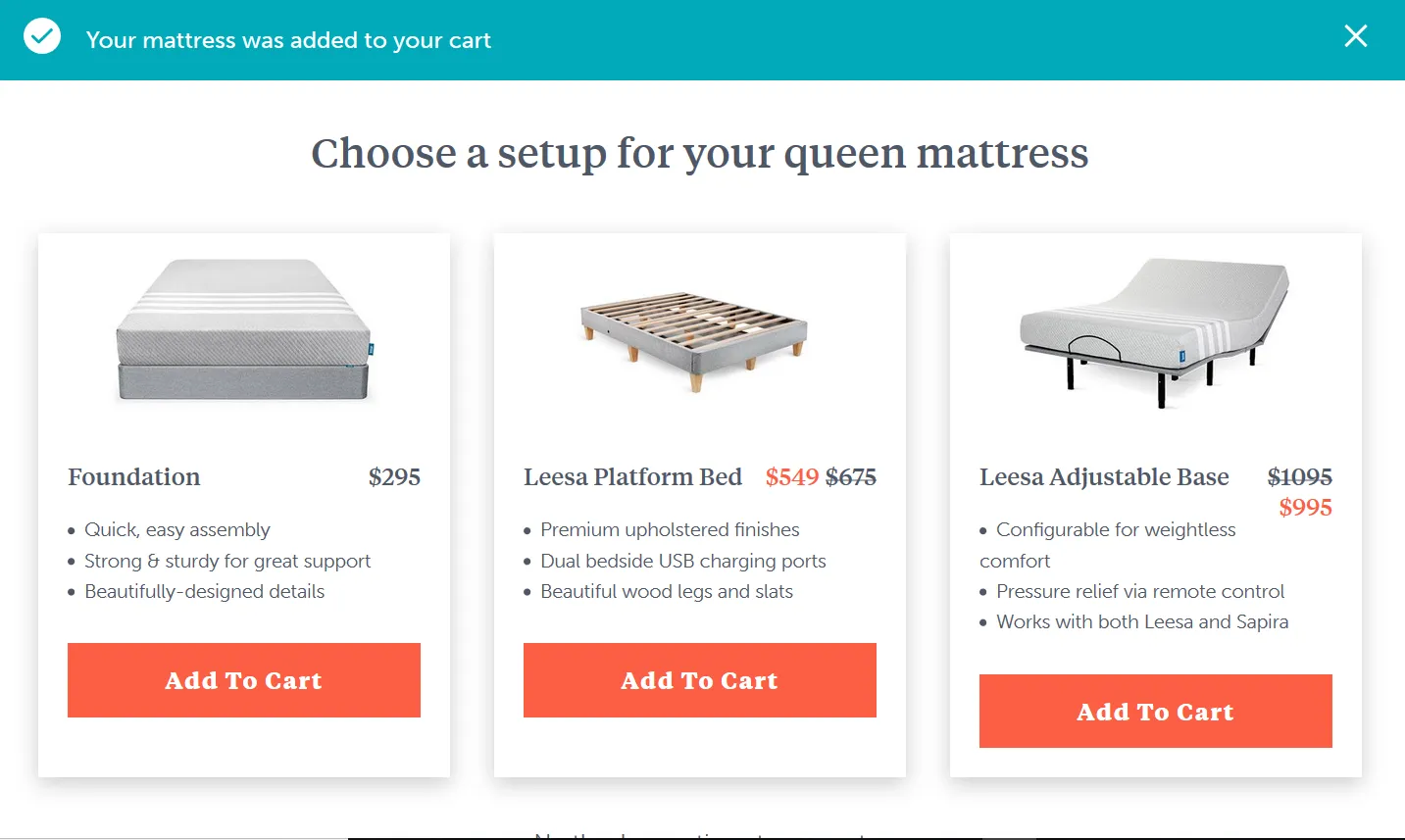 An upsell pop-up on leesa.com