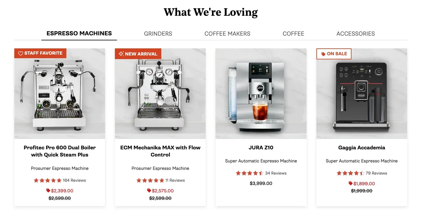 product recommendations from each category