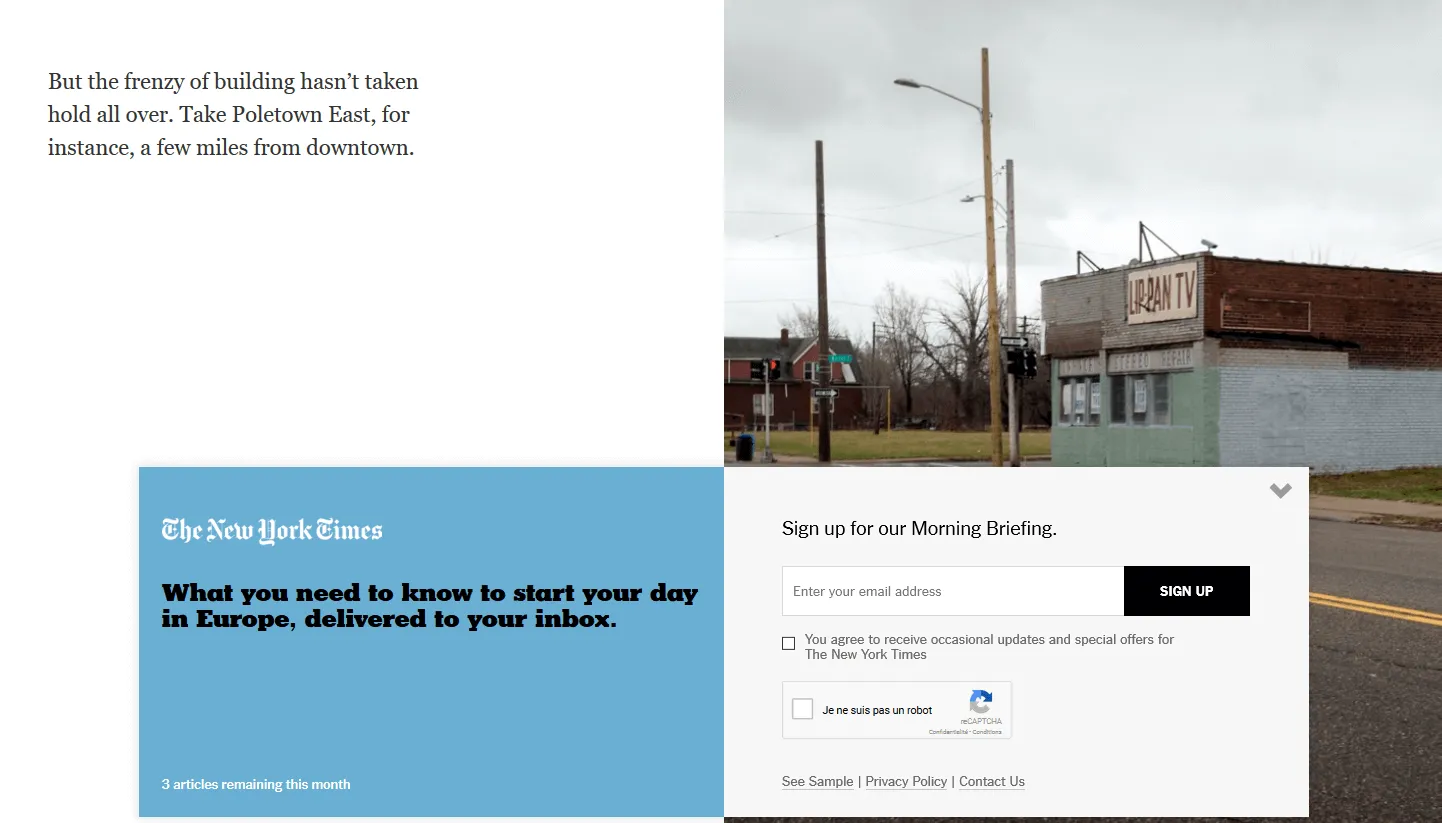 A newsletter popup on Newyorktimes.com