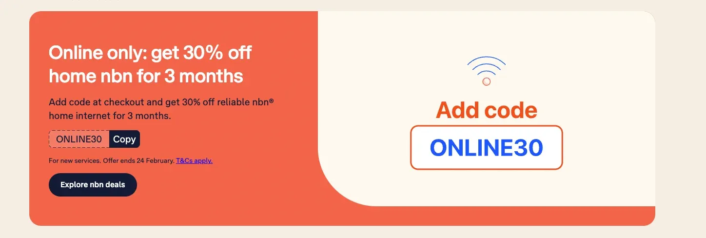 Telstra home internet discount campaign with a copyable code