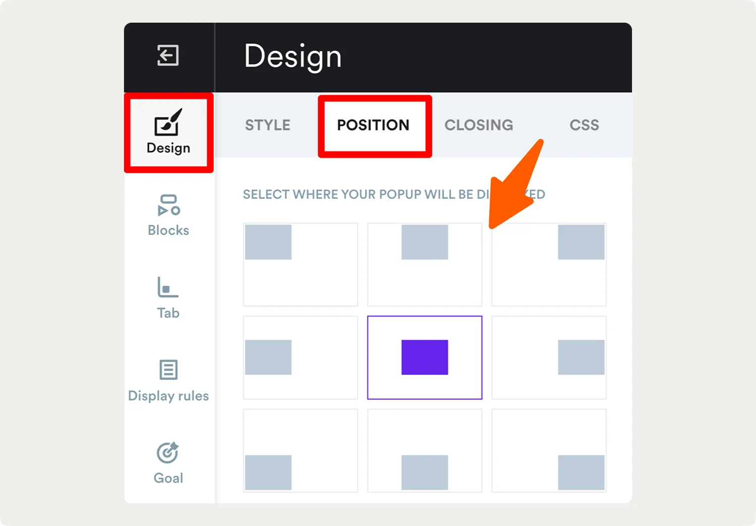 popup screen position selector