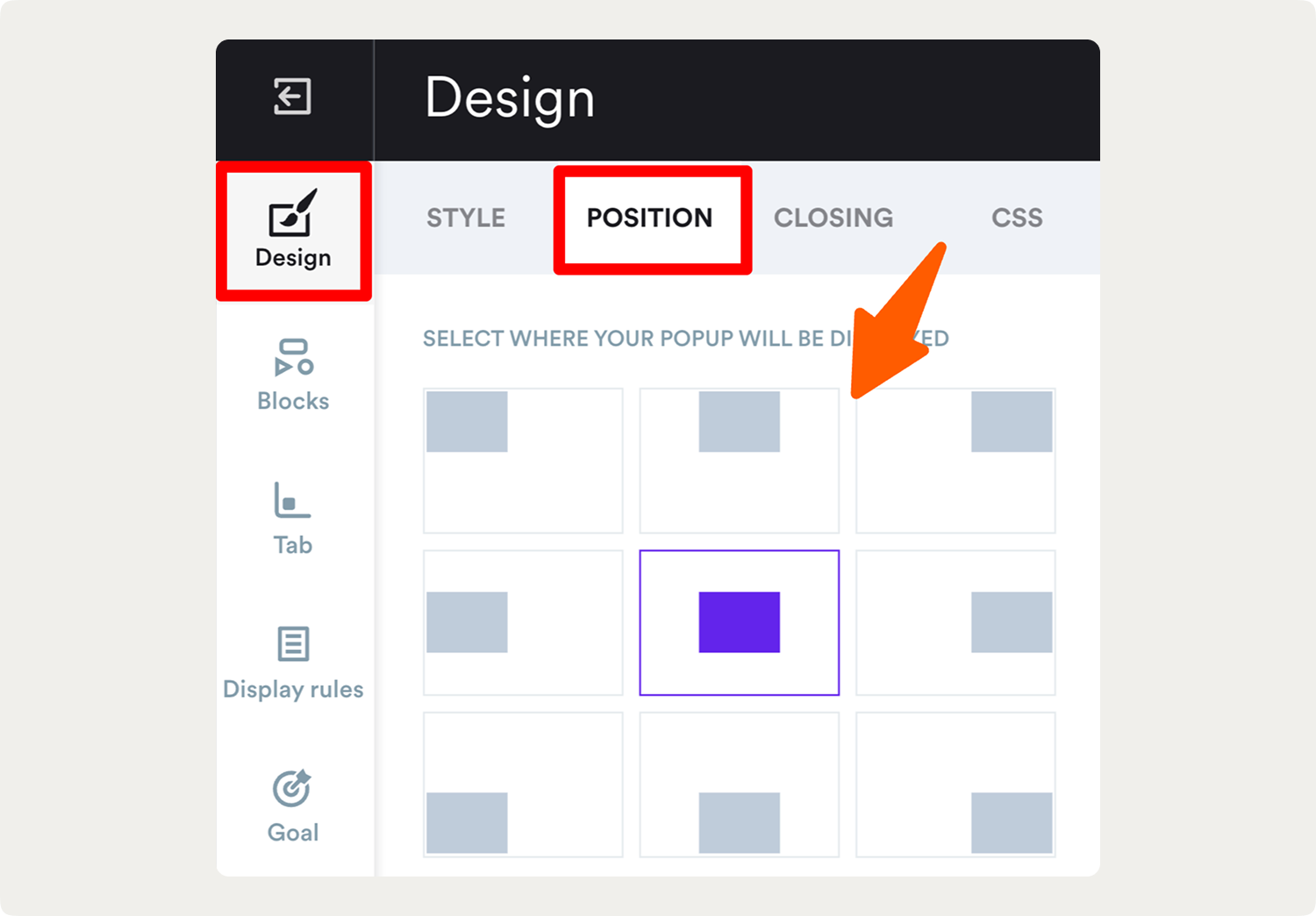 popup screen position selector