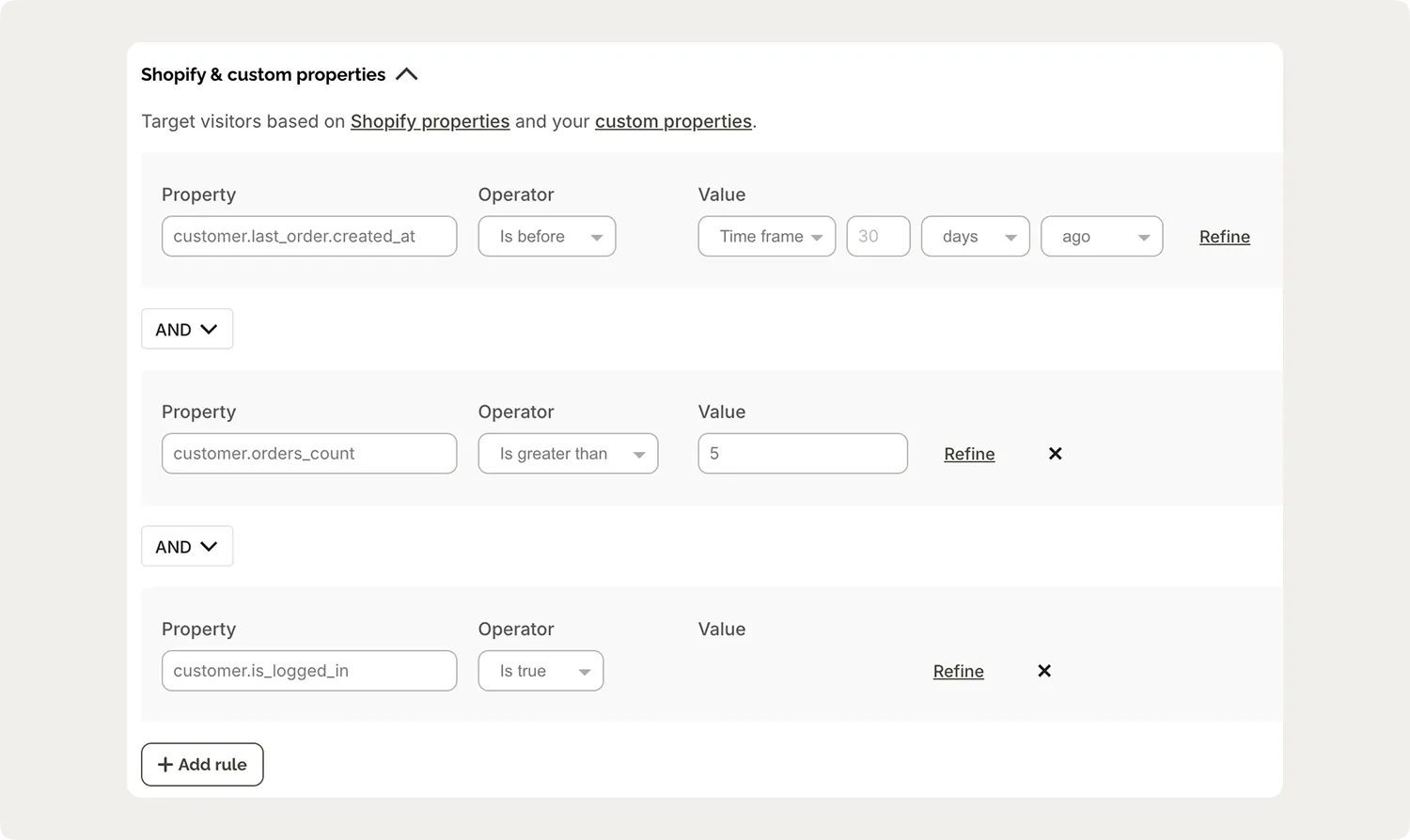 Shopify targeting properties set on a Wisepops campaign