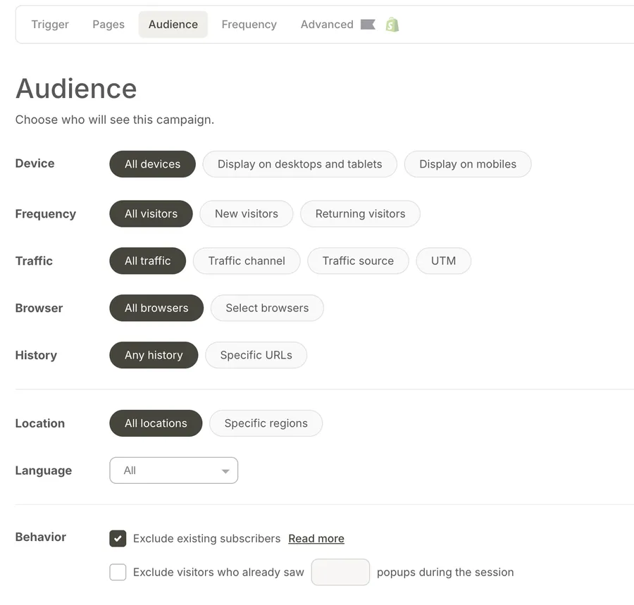 Display rules, Audience tab, with the built-in targeting conditions