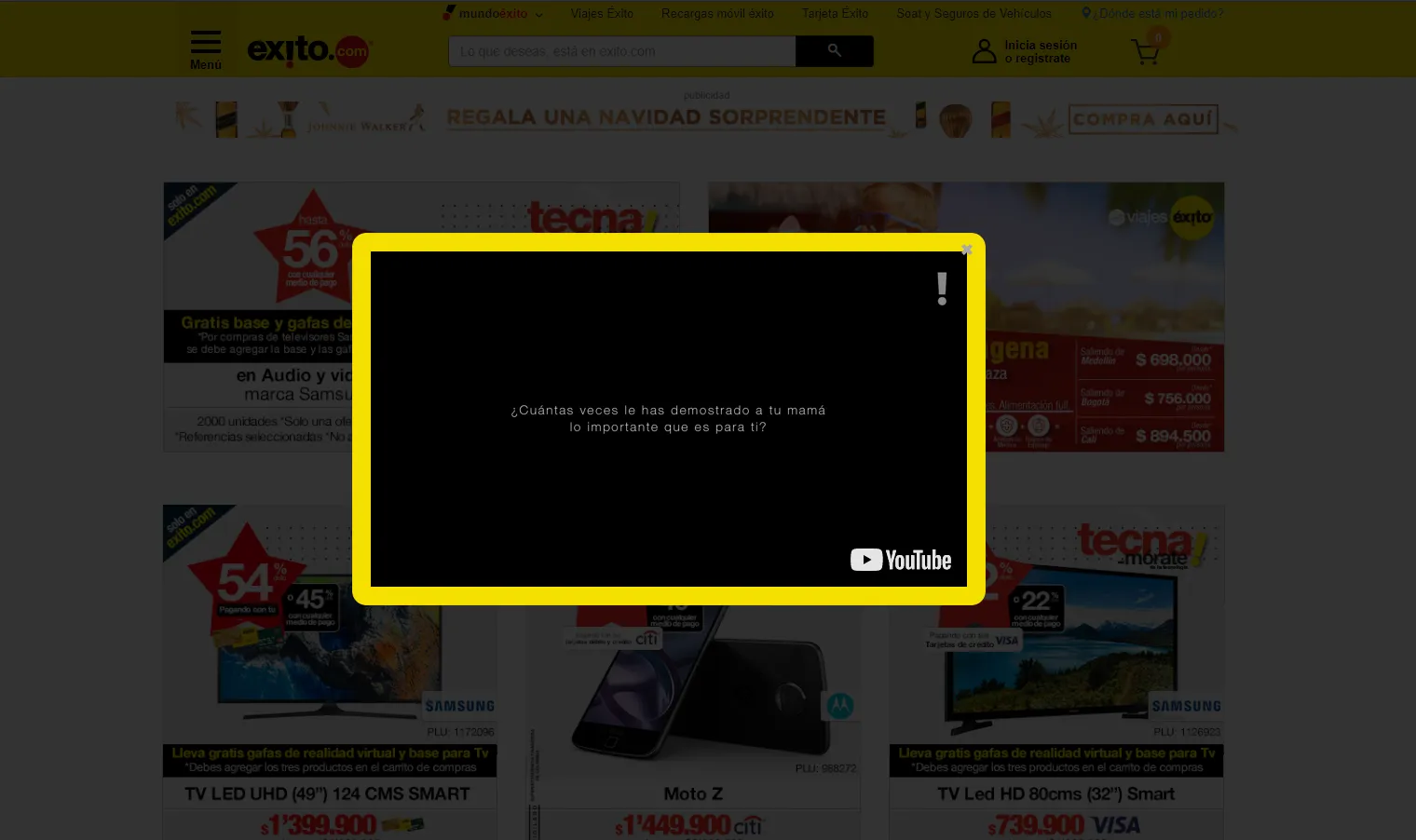 A video lightbox popup on Exito.com